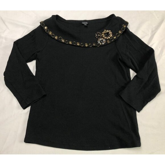 Rafaella Women's Black 3/4 Sleeve Rhinestone Studded Shirt Size Small Stretch - Picture 1 of 7